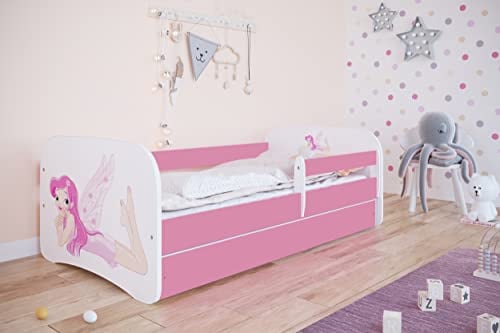 Bjird Kinderbett Jugendbett 70x140 80x160 80x180 Rosa mit Rausfallschutz Schublade und Lattenrost Kinderbetten für Mädchen - Fee mit Flügeln 160 cm