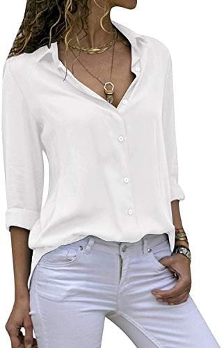 Cassiecy Womens Casual Chiffon V Neck Long Sleeve Button Down Blouse Solid Color Shirts Top(wh,l) White
