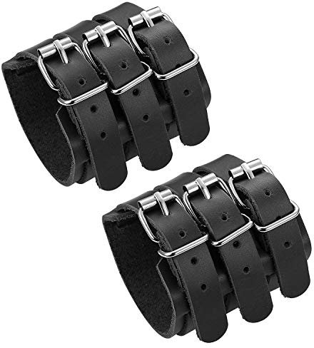 LOLIAS 2PCS Echtes Leder Armband für Herren Damen Wristband Riemen Rüstung Gürtel Schnalle Dreifachriemen Breites Armband Manschette Unisex Paar Armreif, Schwarz/Braun