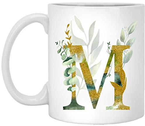 Alpha/M Graphic Letter M Coffee Mug - Alphabet Letter Monogram M - Gold Shimmer Any Letter Floral Alphabet Tea Coffee Hot Chocolate Cup For Her Birthday Christmas Mothers Day Coffee Mug 11oz