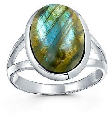 Bling Jewelry Ovaler Cabochon-Fassung Edelstein geteilte Ringschiene Boho Statement schillernder Regenbogen-Labradorit-Ring für Frauen und Teenager aus .925 Sterlingsilber