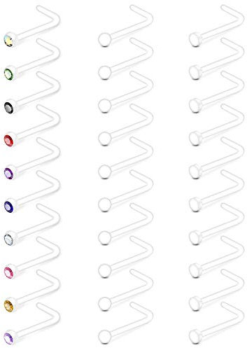 AceFun 20G Klare Nasenpiercing stecker Bolzen Kunststoff nasenstecker L-förmige Diamond CZ Flexible Frauen Männer 30St