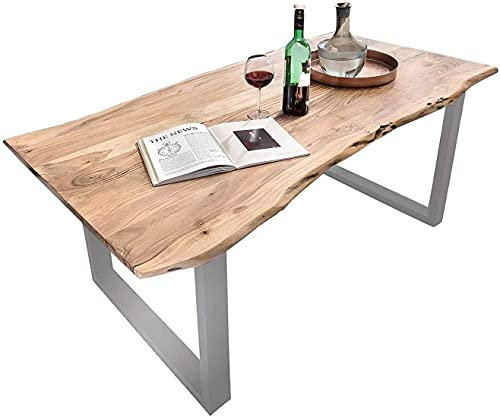 SAM Baumkantentisch 220x100 cm Quarto, Akazienholz massiv + naturfarben, Esstisch mit silbernem U-Gestell, Esszimmertisch/Holztisch Industrial-Design, Tischplatte 26 mm