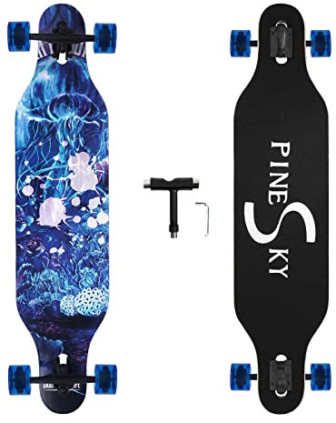 PINESKY 41 Zoll Longboard Skateboard 8-lagig Natur Ahorn Komplett Skateboard Cruiser für Cruising, Carving, Free-Style und Downhill mit T-Tool Qualle