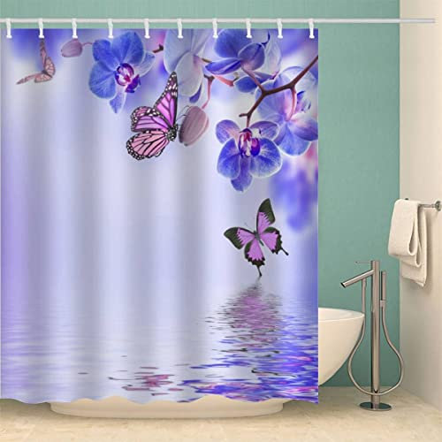 RFFLUX 3D Schmetterling Blume Anti Schimmel Duschvorhänge 120 x 180 cm Polyester Lila Duschvorhang mit 12 Haken Anti-Bakteriell Waschbar Wasserdicht Hochwertige Badvorhänge für Badezimmer