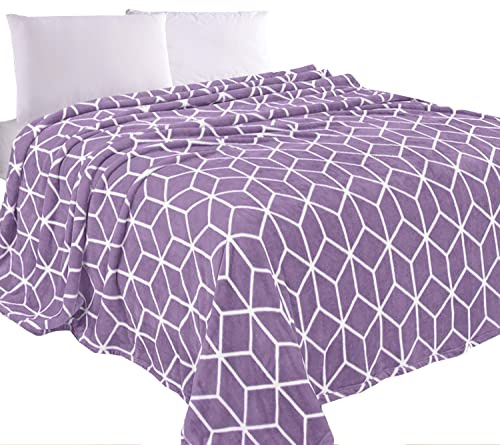 Elegant Comfort Manta aterciopelada de lujo para todas las estaciones, manta ligera ultra afelpada, suave y acogedora de franela para sofá, cama, viajes, diseño de cubo, matrimonial/Queen, lila