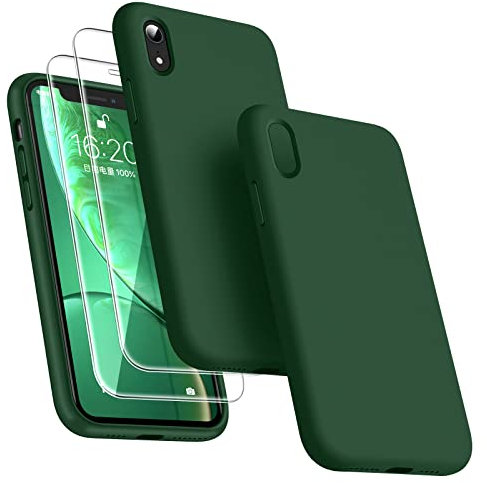 Dssairo [3-in-1 für iPhone XR Hülle, Silikon Hülle für iPhone XR mit 2 Stück Displayschutzfolien, Handyhülle Flüssigsilikon, dünn, stoßfest, Schutzhülle 6,1 Zoll Mikrofaserfutter (Alpingrün)