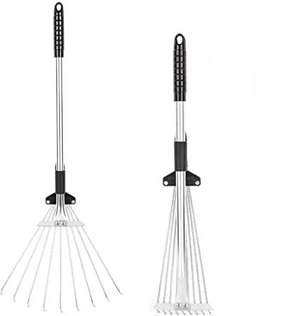 BMXAUZ Rechen Verstellbare Garten Laubharke, 4 Bis 12 Zoll Teleskop 9-Zahn-Metall-Egge, Erweiterbar Falten Laubharke, Geeignet Für Rasen Hof, Blumenbeet Und Dach