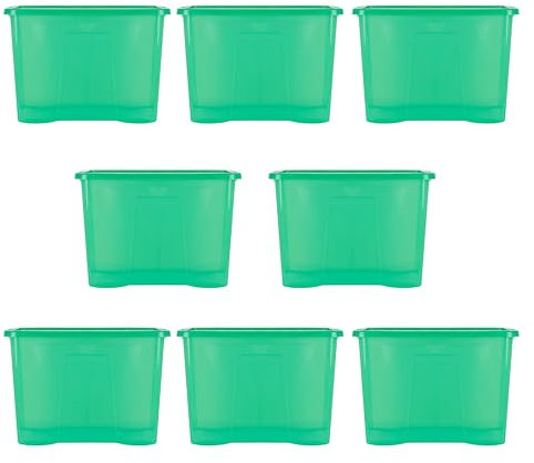 Wham Crystal 8x 80L Plastic Storage Boxes with Lids. Large, Strong (Pack of 8, 80 Litre) Made in the UK (Tint Leprechaun Green)