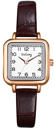JewelryWe Uhren Damen Analog Quarz Armbanduhr Klassisch Zeitlos Einfach Quadratisch Leder Armband Slim Uhr für Frauen Mädchen Braun