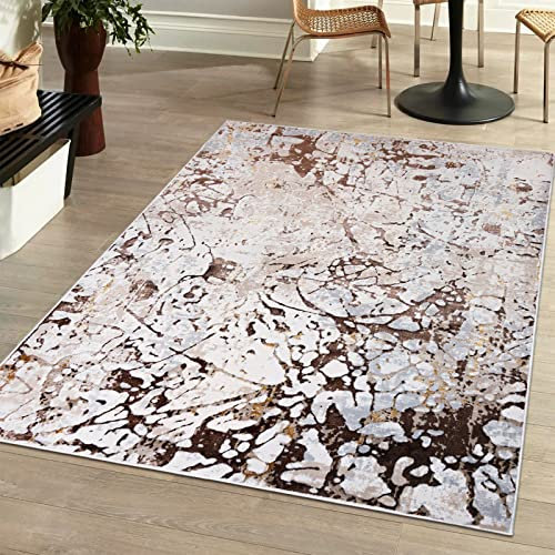 Mazovia Modern Teppich Wohnzimmer, Kurzflor elegant glänzender - Abstrakt Marmor Design - Wohnzimmerteppich in Beige Creme mit Gold 160 x 230 cm