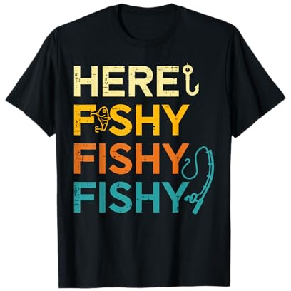 Fishing Here Fishy Retro Fish Lover Fisherman Men Women Kids T-Shirt
