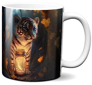 Hustling Sharks® Leuchtender Tiger Tasse - Geschenk Kaffeetasse 330ml - Spülmaschinenfest, Keramik, Weiß - Tiermotiv, Motivation, Büro