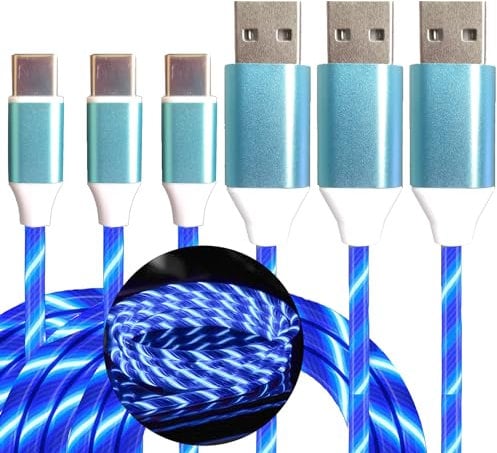 3 Pack Led USB C Charging Cable Light Up Type C Charger LED Light Up Fast USB-C to USB-A Charge Cord Compatible with Samsung Galaxy S23 S22 S21 S10 S9 S8 Plus Note 20 10 9 Pixel(6.6FT,Blue)