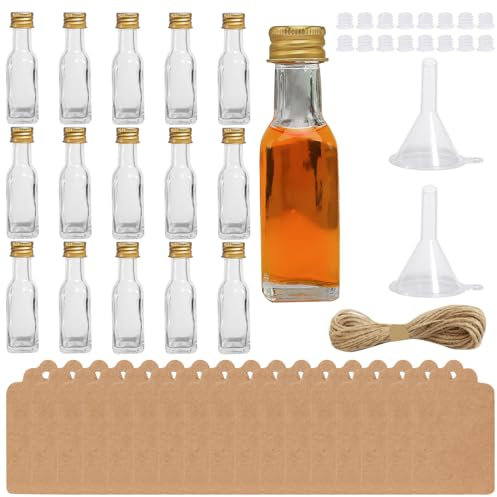 ZJRung 16 Mini Bouteille de Liqueur Réutilisables Mini Bouteille en Verre 20ml Mini Bouteille Vide pour Alcool avec Bouchon Jaune et Entonnoir, Ficelle de Jute