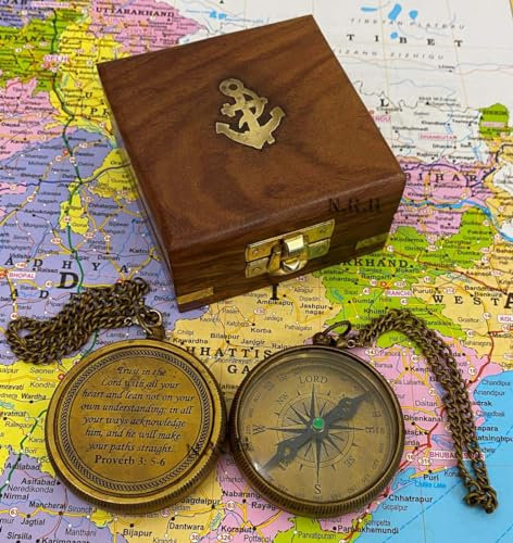 Antiker Maritimer Kompass aus Messing, Vintage-Stil, Reproduktion, mit Holzbox, funktionaler Kompass, Taufgeschenk, Hochzeitsgeschenk, Trauzeugen-Geschenk, 5,1 cm