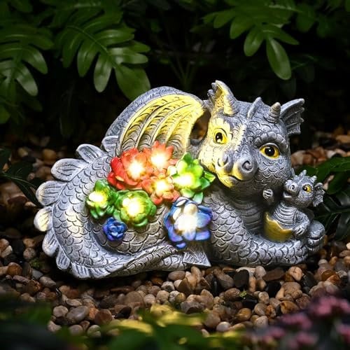 Azazaza Dragon Statue Garden Ornaments, 9.5 In Resin Outdoor Loving Mother Baby Dragon Figurine with Succulent IP65 Waterproof Solar LED Lights Decor for Yard Patio, Mother Women Gifts