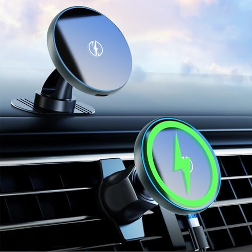 Beeasy 15W Magnetico Caricatore Auto Wireless, 2 In 1 MagSafe Auto Ricarica Wireless, Vent/Cruscotto Porta Cellulare Auto Magnetico per iPhone 16 15 14 13 12 Pro Max Plus Mini