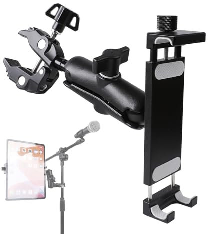 Supporto per tablet in alluminio per microfono, supporto laterale per tutti gli iPad, supporto per tablet girevole a 360° con morsetto super compatibile per iPad Pro 12.9, Air, Mini, Galaxy Tabs,