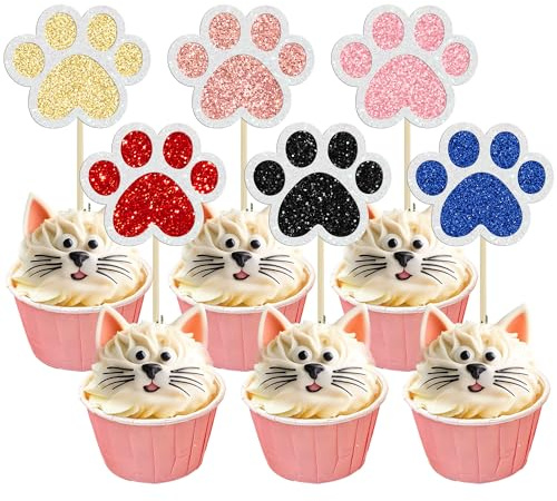 Gyufise Cupcake-Topper mit Pfotenabdruck, Cupcake-Topper, Hunde-Geburtstagsparty-Zubehör, Hunde-Cupcake-Topper, Haustier, Welpen, Hund, Geburtstagsparty-Dekorationen, mehrfarbig, 24 Stück