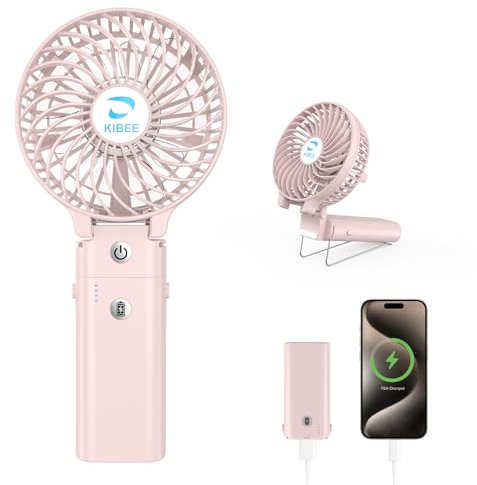 KIBEE Portable Handheld Fan - 5200mAh USB Rechargeable [20H Max Runtime] with Power Bank, Foldable 180° Mini Personal Fan, 3-Speed with Stand for Travel/Outdoor/Makeup/Concerts (Pink)