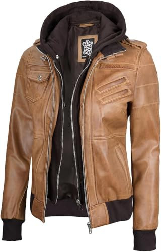 Decrum Lederjacke für Damen – lässige Bomberjacke aus echtem Lammleder für Damen mit abnehmbarer Kapuze, Edinburgh - Camel Hooded Leather Jacket, XS