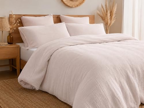 L22G Parure de Lit en Simple Gaze de Coton Double Face 125gr/m2 220x240 cm +2 Taies 63x63cm - Plusieurs Coloris (Rose Pale)
