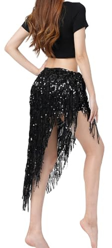 MUNAFIE Bauchtanz Hüfttuch Pailletten Fransen Glitzer Rock Festival Outfit Damen