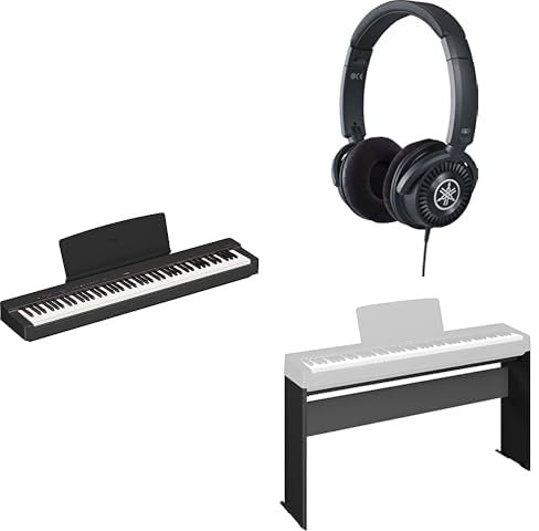 Yamaha Piano digital P-145 con 88 teclas compactas en forma de martillo graduado, incluye auriculares HPH-150 y soporte de madera para piano digital L-100