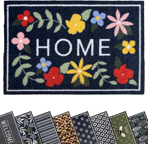 Mighty Mats Eco Flex Washable Door Mat - Highly Absorbent Anti-Slip Dirt Trapper Indoor Doormat with Anti-Curl Rubber Base - Floral Home Navy, 50 x 75cm