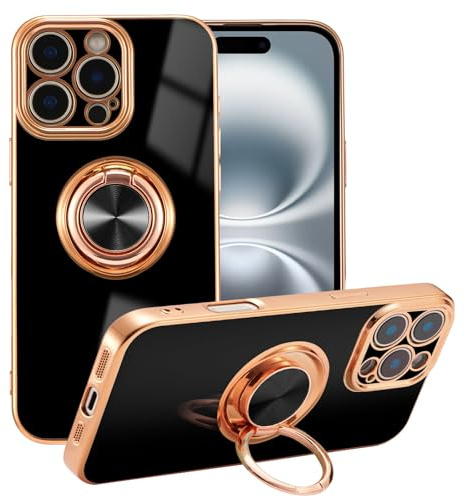 EYZUTAK Case for iPhone 16 Pro Max, Electroplated Ring Holder Case, Black | 360 Degree Rotation Metal Anti-fall Magnetic Finger Ring Kickstand Magnet Car Holder Slim Soft Silicone Shockproof Cover