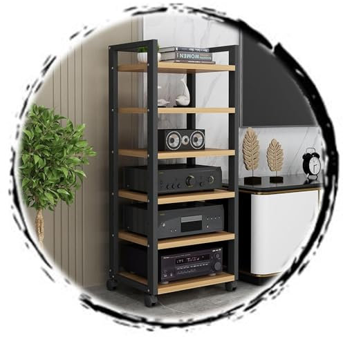 HAEKEBC 6-stufiger Medienständer Beweglicher Audio Video-Medienschrank Hölzernes Stereo-Rack Mit Höhenverstellbarem Regal Metall Utility Wagen Für AV Geräteserver(Natural,60cm-23.6in)