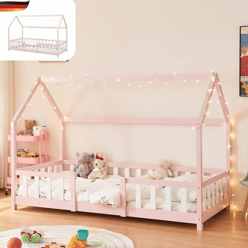 DELUKE® Kinderbett 90x200 cm LULO - Inkl. Lattenrost, Rausfallschutz | Einzelbett Hausbett Kinderzimmer Bodenbett Kinder Bett Klein Montessori Bett | Rosa