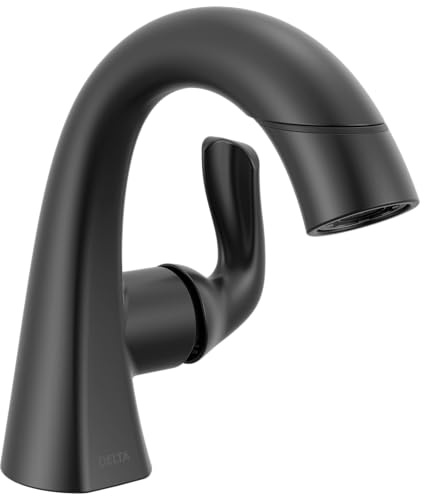 Delta Arvo 1 Hole Matte Black Bathroom Faucet with Sprayer, Single Hole Bathroom Sink Faucet with Pull Out Sprayer for Vanity, Push-Pop Drain, Matte Black 15840LF-BLPD