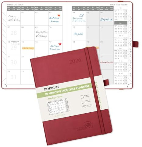 POPRUN Kalender 2025 2026 Monatsplaner 22 x 16,5 cm - 18 Monate Monatskalender Softcover A5 (Jul.2025-Dez.2026) - 1 Monat 4 Seiten, mit PU-Leder, 100 GSM Papier - Burgunderrot