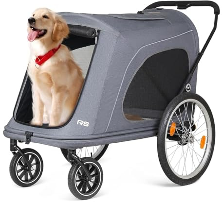 R8 Pro Extra Großer faltbarer Hundewagen & Fahrrad-Transportanhänger für große Hunde bis 45 kg (100 lbs) – Für unbewegliche, behinderte und trächtige Hunde, praktisch für Auto und Fahrrad, grau