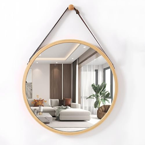 Miroir mural rond en bambou avec sangle en cuir réglable pour décoration d'intérieur (couleur bois, 45 cm)