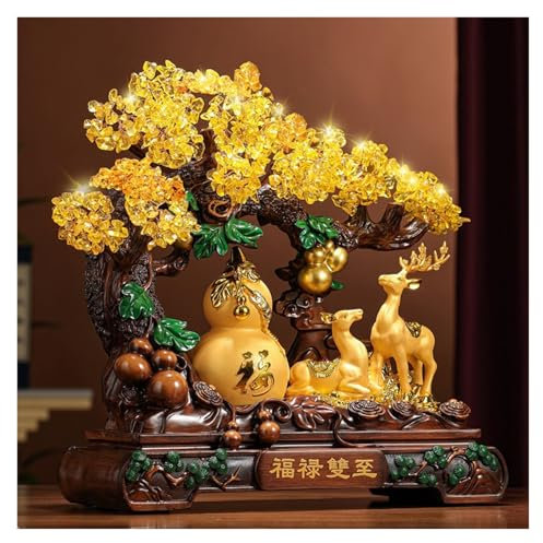 Kristallbaum Glücksbringer-Kalebasse-Citrin-Kristallbaum – Wohlstandskalebasse und Hirschfiguren zur Anziehung von Reichtum, Feng-Shui-Dekorationsstück for Zuhause oder das Büro Feng-Shui-Bonsai(Yello