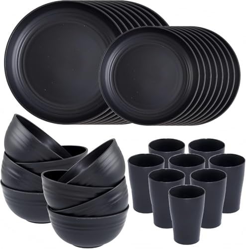 KAHEIGN 32 Piezas Vajilla de Plástico Irrompible, 8 x Platos Llanos de 25CM, 8 x Platos de Ensalada de 20CM, 8 x Tazones de 720ml y 8 x Tazas de 360ml - Apto para Microondas y Lavavajillas