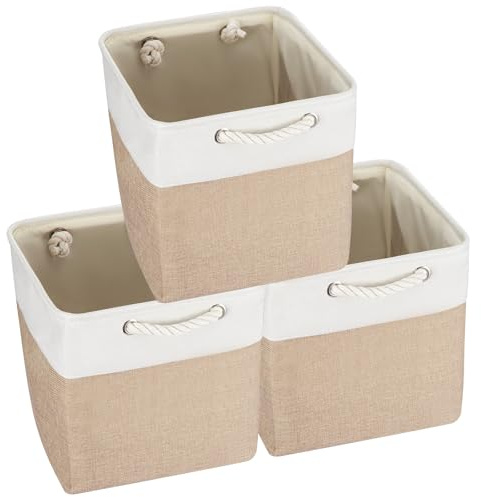 Trintion Foldable Storage Box Shelf Baskets with Handles Fabric Storage Baskets for Shelves Wardrobes and Closets Durable and Lightweight Home Organizer (Khaki 33x33x33cm, 3)
