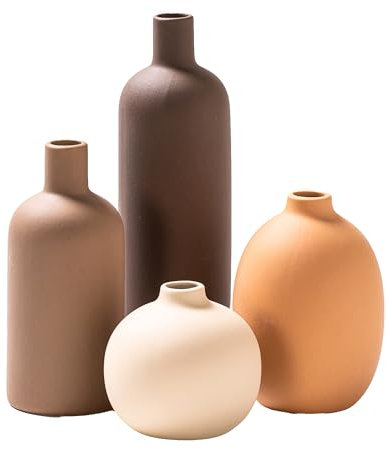 VASETOPIA Vase Keramik Blumenvase 4 Stück, Elegante Pampasgras Home Dekorative Kleine Vasen für Tisch, Tafelaufsätze, Regal (Dunkelbraun/Braun/Orange/Weiß)