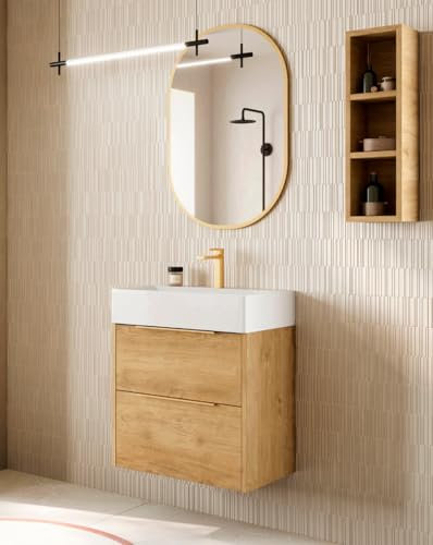 Mueble Baño Suspendido a Pared Fondo Reducido | 2 Cajones con Lavabo Cerámico | Roble Natural Tirador Oro | 60cm
