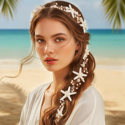Atigy Bandeau de mariage, étoile de mer, perles argentées, bijou de cheveux de plage, bijou de cheveux de sirène, bijou de cheveux pour femme (or rose, taille unique)
