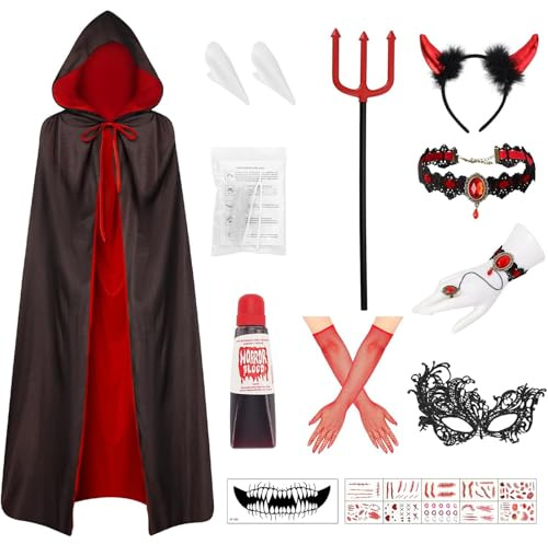 PAPU Vampir Kostüm Halloween Teufel Kostüme Set,Doppelseitig Vampir Umhang mit Vampirzähne & Teufelshörner & Stab,13er Halloween Kostüm Teufel Vampire Umhang Accessorie für Fasching Mottoparty