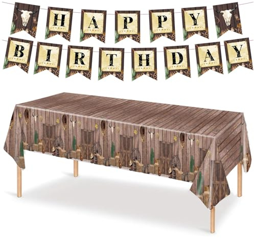 Western Cowboy Geburtstagsparty Dekoration, Happy Birthday Banner Cowboy Thema Tischdecke Dekorationszubehör für Western Themenparty