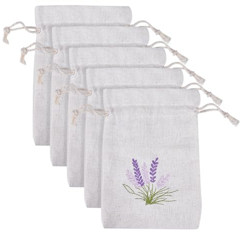 5 Pcs Linen Lavender Drawstring Pouches Empty Lavender Sachet Bags Burlap Dried Flower Storage Bags Small Embroidered Jute Bag Perfume Sachet Holders for Wedding Birthday White