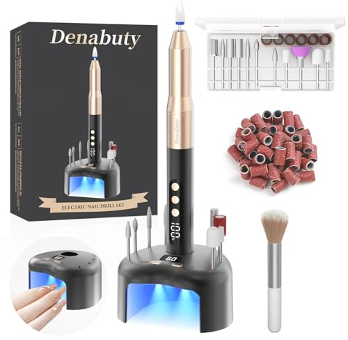 Denabuty Nagelfräser Kabellos Elektrische Nagelfeile mit Nagel UV LED Lampe | Professionelle 2 in 1 Fräser für Gelnägel Acrylnägel, Maniküre und Pediküre Set Nail Drill 35000 U/Min Schwarz