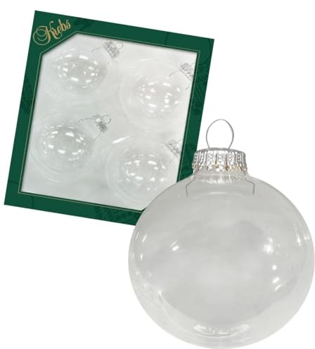 Dekohelden24 Lauschaer - Palline per albero di Natale in Lauscha, trasparenti Lauscha, set di 4 palline per fai da te, tinta unita, trasparenti, 8 cm, con corona argentata + 50 ganci rapidi in argento