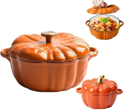 PRMTYUP Pentola A Forma di Zucca, Simpatica Pentola A Forma di Zucca con Coperchio, Pentola Antiaderente in Ghisa Smaltata, con Graziosa Ciotola in Ceramica A Forma di Zucca,Arancia,02