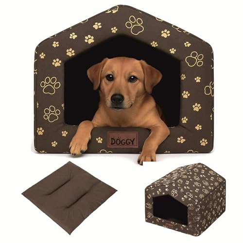 PillowPrim Hundehütte Katzenhaus mit Abnehmbarem Kissen - Wasserdicht Wetterfester - Haustierhaus Warmes Und Gemütliches - Hundebett mit Dach - 45x49 cm - Braun mit Pfoten